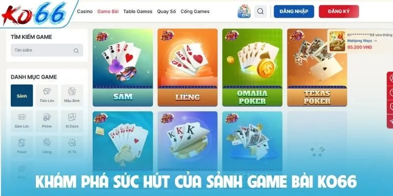Khám phá sức hút của sảnh game bài KO66